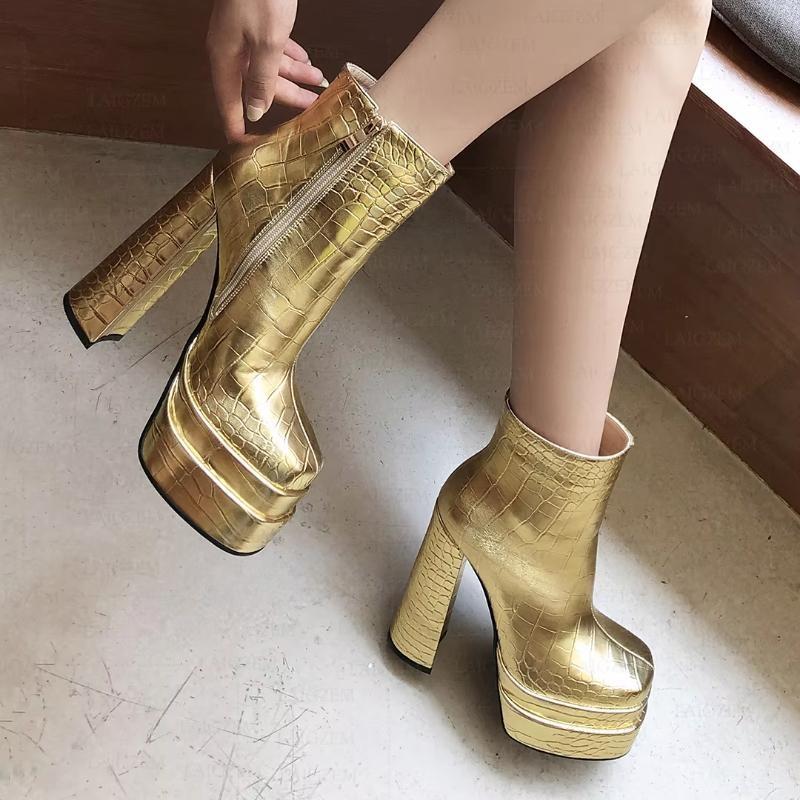 Crocodile Print Platfrom Zip Up Block Thick High Heels Female Shoes Woman