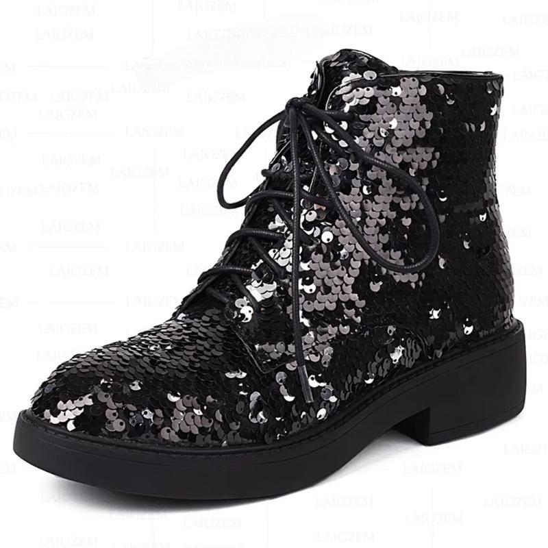 Bling Glitter Round Toe Low Heels Round Toe Short Booties Ladies Shoes