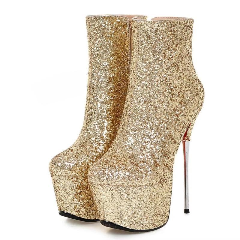 Celebrity Sequined Women Ankle Booties Metal Stiletto Heel Zip Short Boots