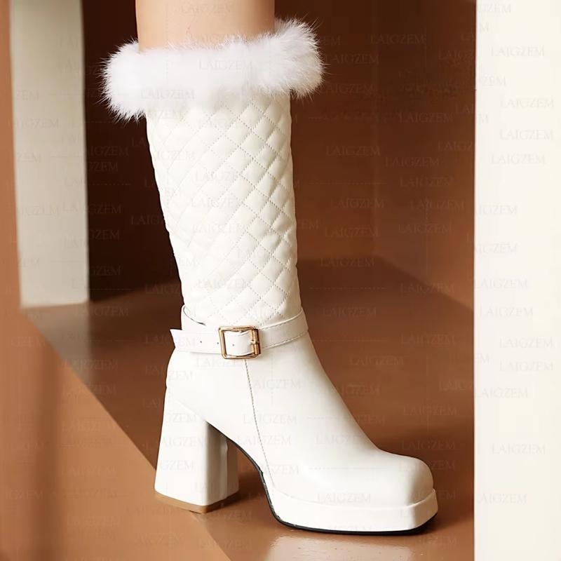 Calf Boots Platform Side Zip Up 9CM Chunky Thick High Heels Boots Handmade Ladies Shoes