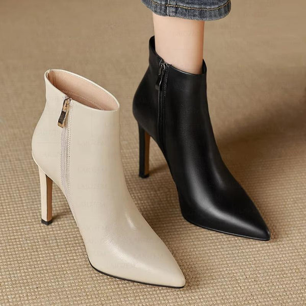 Genuine Leather Side Zip Up 10cm Thin High Heels Short Boots Zip Up Ladies Shoes