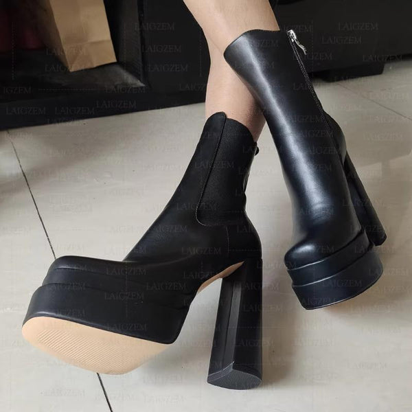 Women Ankle Boots Platform Side Zip Thick High Heels Faux Leather Short Booties