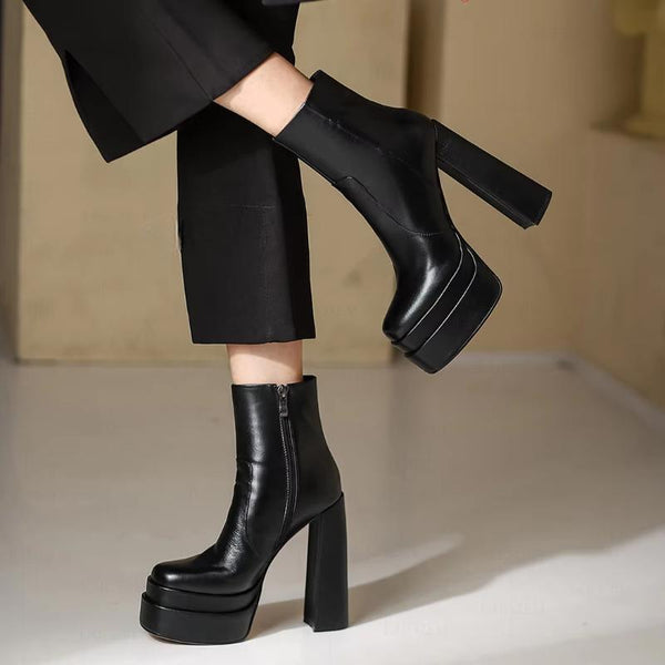 Real Leather Quality Chunky High Heels Zip Up Platform Short Booties