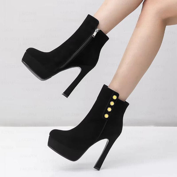 Real LEATHER/Suede Thick High Heels Booties Platform Quality Handmade Shoes