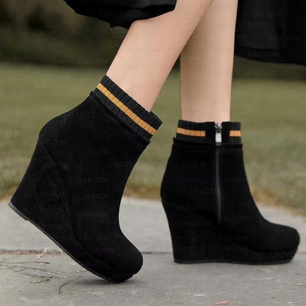 Women Ankle Boots Platform Wedges Real Leather/ Real Suede 9cm High Heels Booties