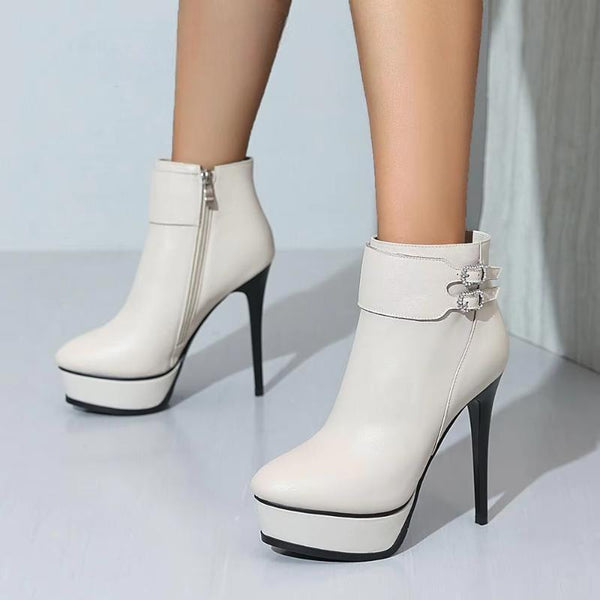 FASHION Women Ankle Platform Boots Side Zip Real Leather Thin High Heels Booties