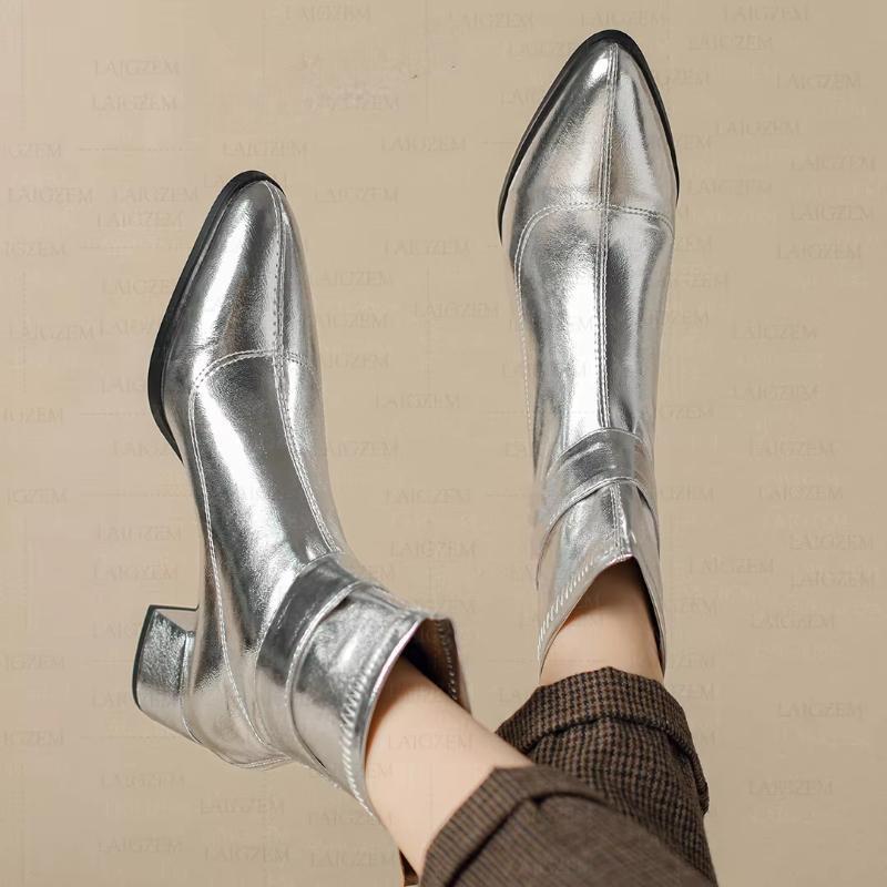 Back Zip Up Pointed Toe 5CM Thick High Heels Short Boots Handmade Shoes