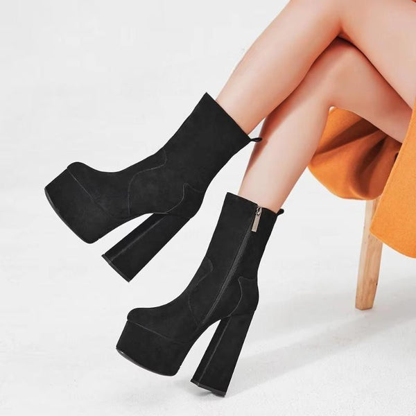 SUPER Women Platform Boots Genuine LEATHER Block Chunky High Heels Short Boots