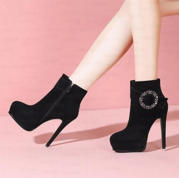 Real Suede Platform 13CM Thin High Heels Short Booties Handmade Lady Shoes Woman