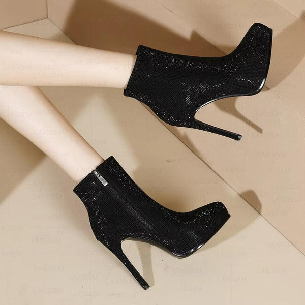 Women Ankle Boots Bling Crytal Pointed Toe Zip Up Thin High Heels Short Booties