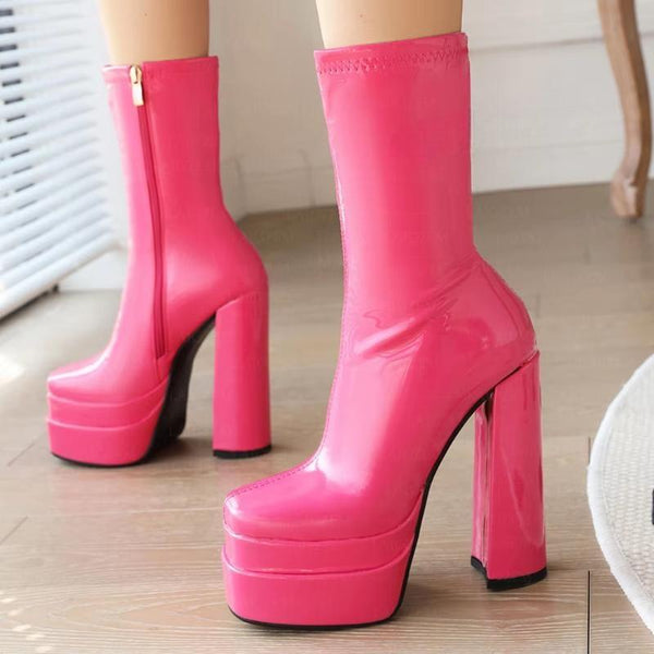 Women Ankle Boots Faux Leather Side Zip Up Block Thick High Heels Short Bootie