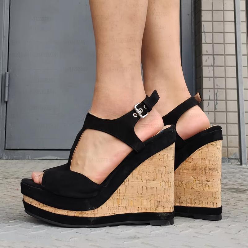 Women Pumps Platform Wedges Faux Suede Patchwork Ankle Straps Sandals