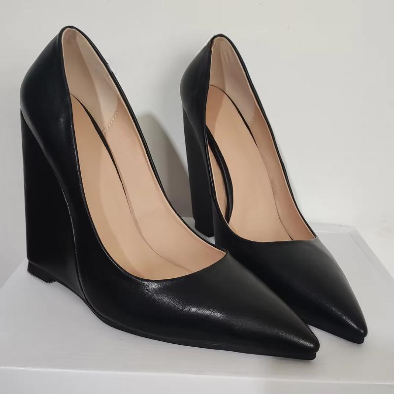 Women Wedges Pumps Pointy Toe Slip On Faux Leather Black Sandals Ladies Dress Shoes