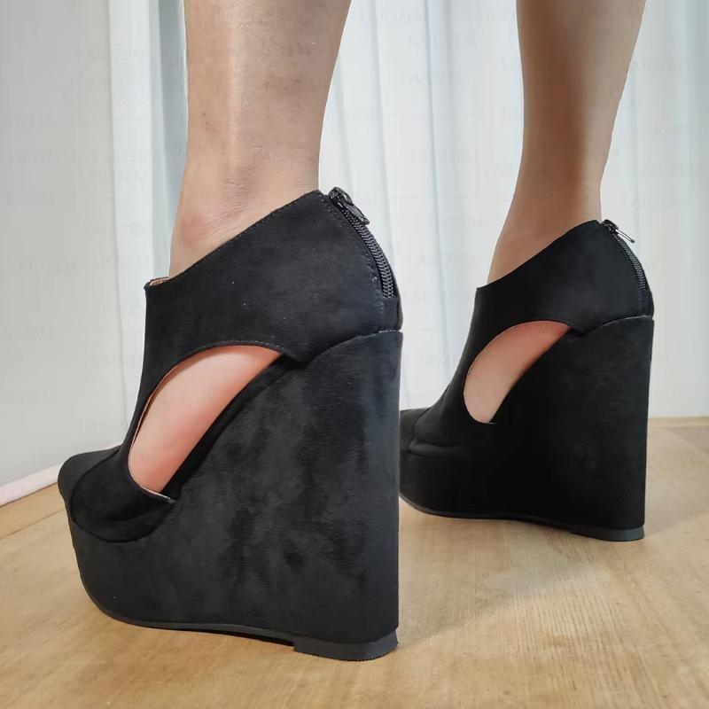 Women Platform Wedges Sandals Faux Suede Open Toe Back Zip Up High Heels Pumps