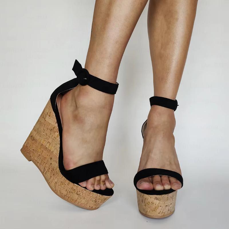 Women Sandals Platform Wedge Faux Suede High Heels Ankle Straps Party Pumps