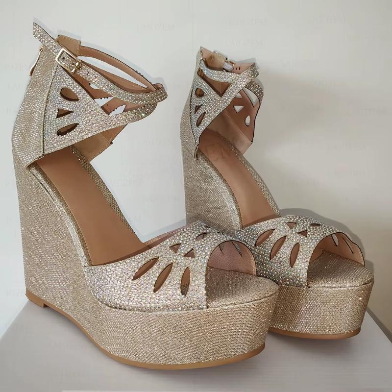 Women Platform Wedges Sandals Wedding Prom Crystal Height Increase Shoes