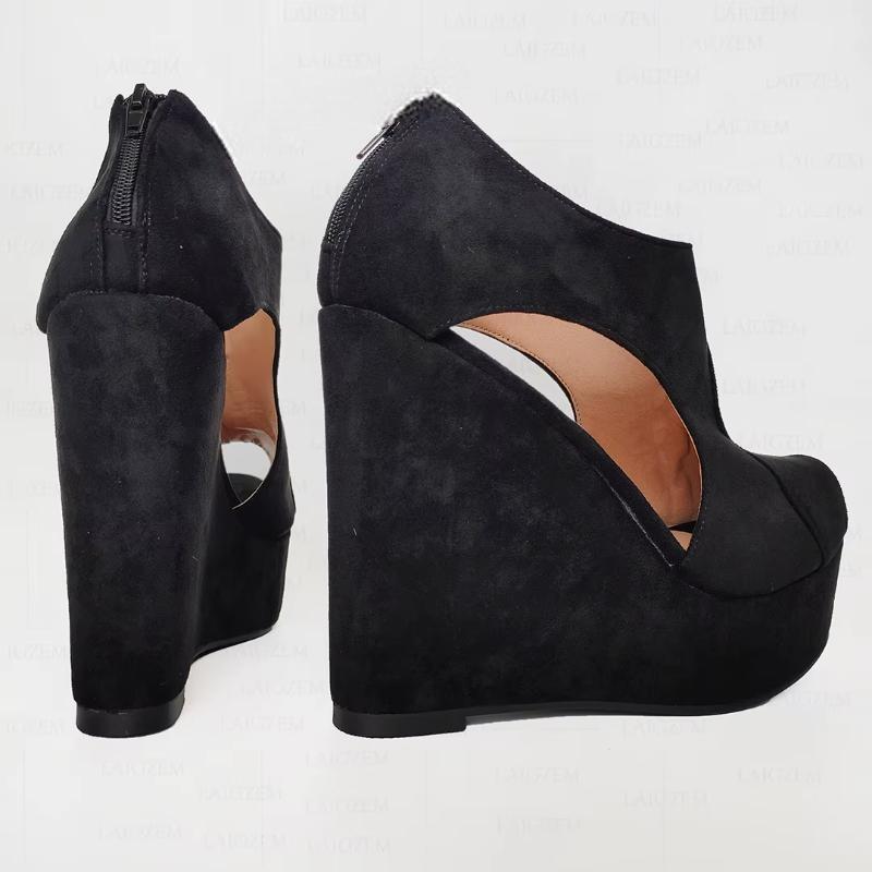 Women Pumps Platform Wedges Faux Suede Back Zip Black Sandals