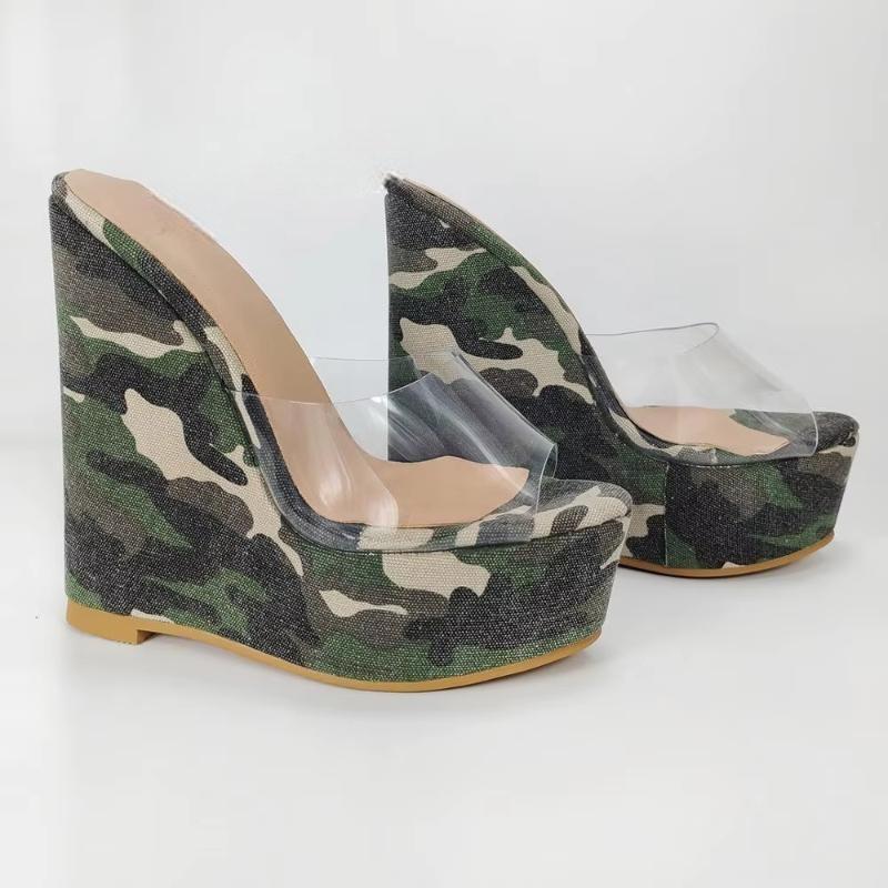 Women Platform Wedges Pumps Camouflage Clear Transparent PVC Sandals