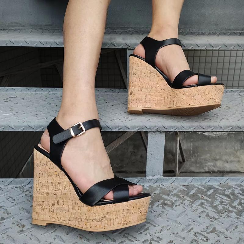 Women Platform Wedges Sandals Faux Leather Open Toe Black Pumps