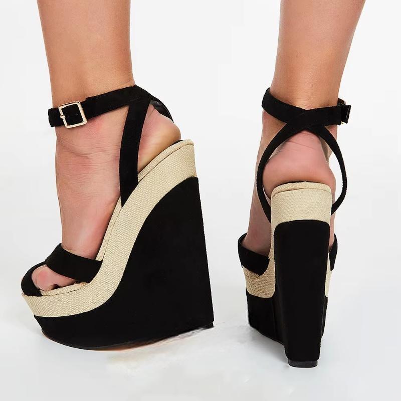 Women Platform Wedge Pumps Faux Suede Patchwork Height Increase Sandals