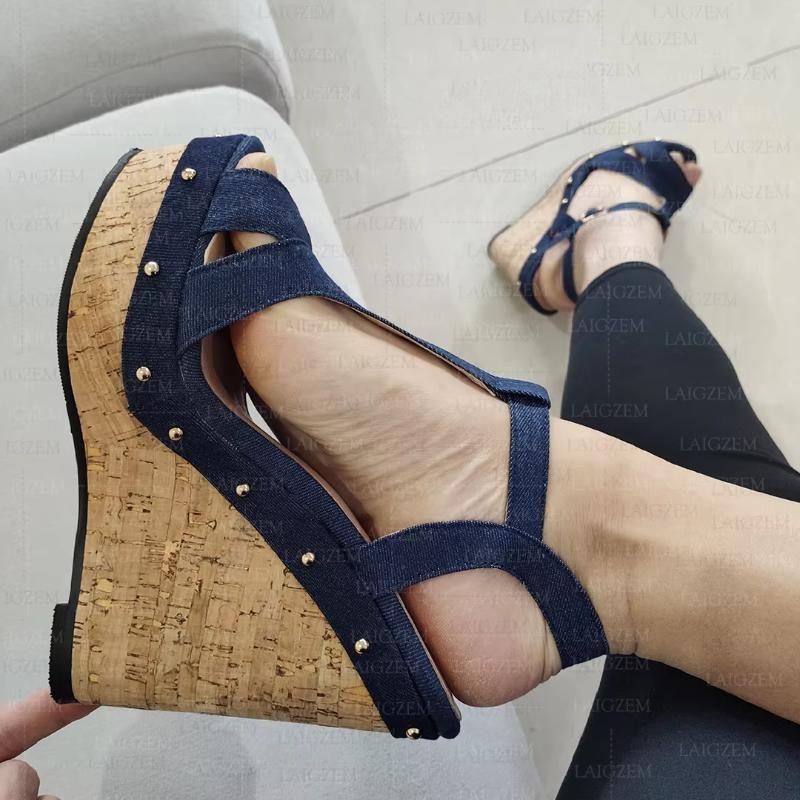 Women Platform Wedges Sandals Denim Studded Open Toe Pumps