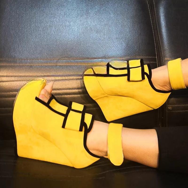 SUPER Women Sandals Faux Suede Platform Wedges Heels Sandals Yellow Shoes Woman