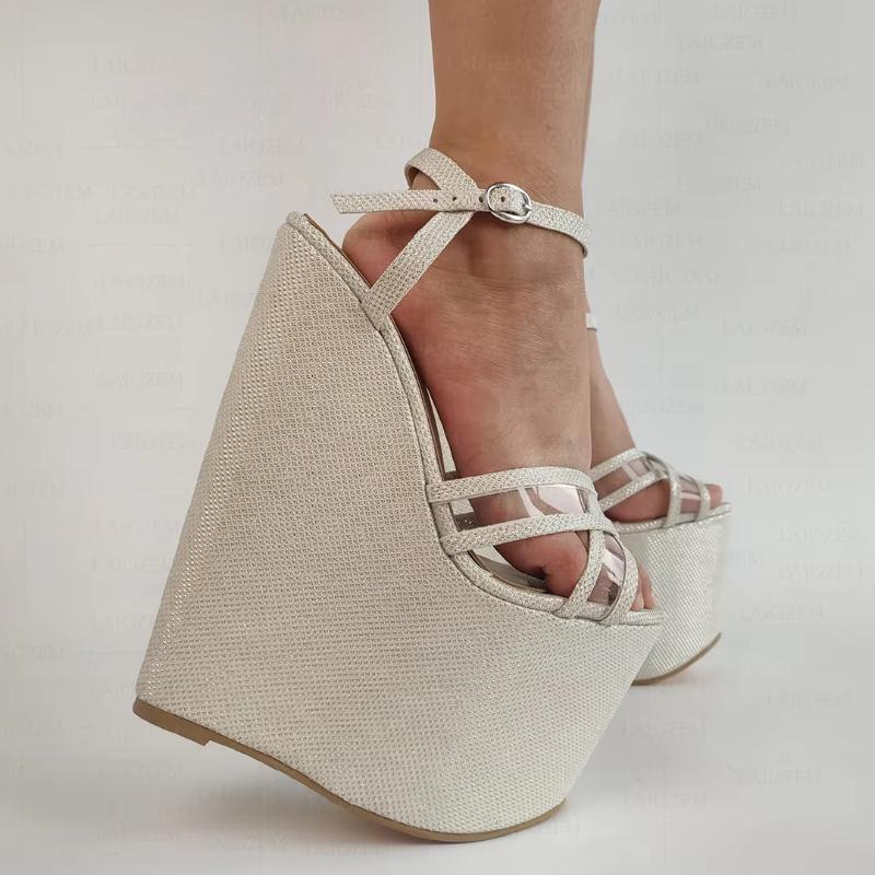 Women Sandals Platform Wedges Bling Patchwork 20CM High Heels Pumps