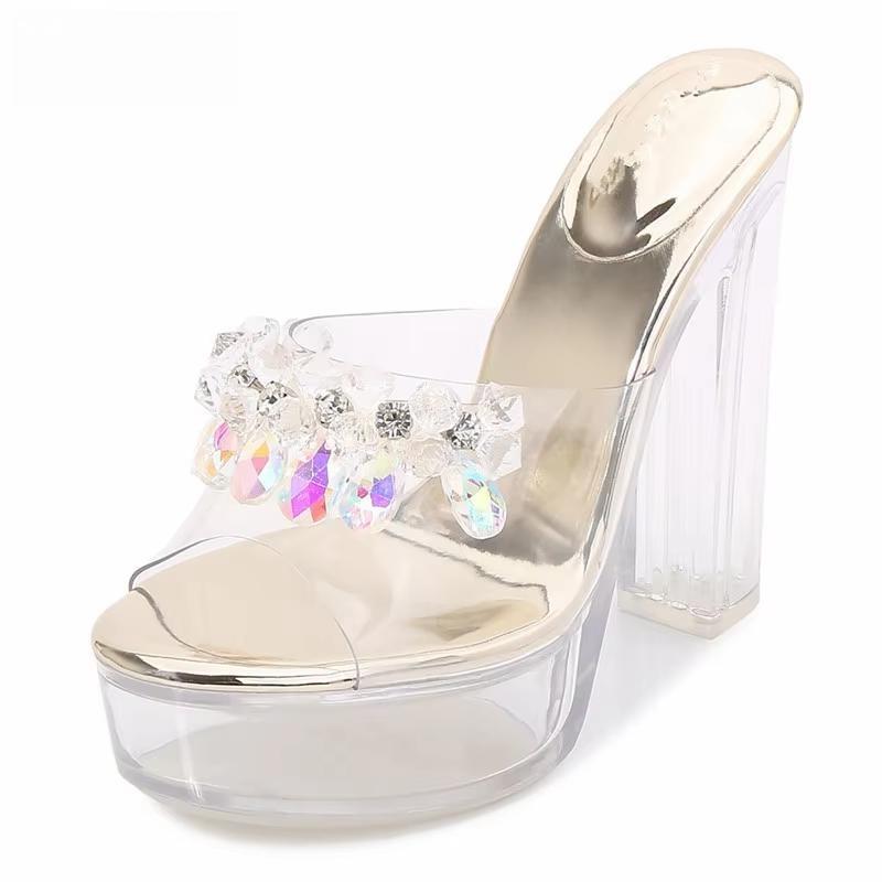 Summer female sandals transparent crystal woman Rhineston shoes 13cm thick heels