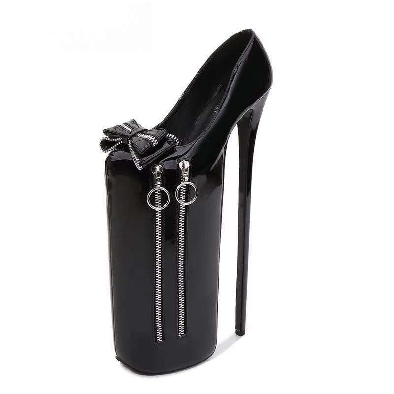 Stiletto Bowtie shoes woman Fetish 30cm Ultra high thin heels 20cm platforms Steel