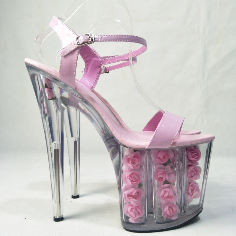 Noble  pink rose decoration platform transparent sandals