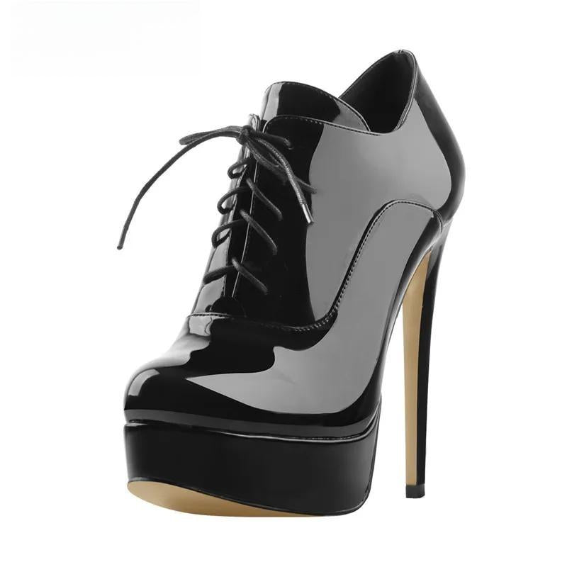 Black Platform Ankle Boots High Heels Lace Up Patent Leather Stiletto  Booties