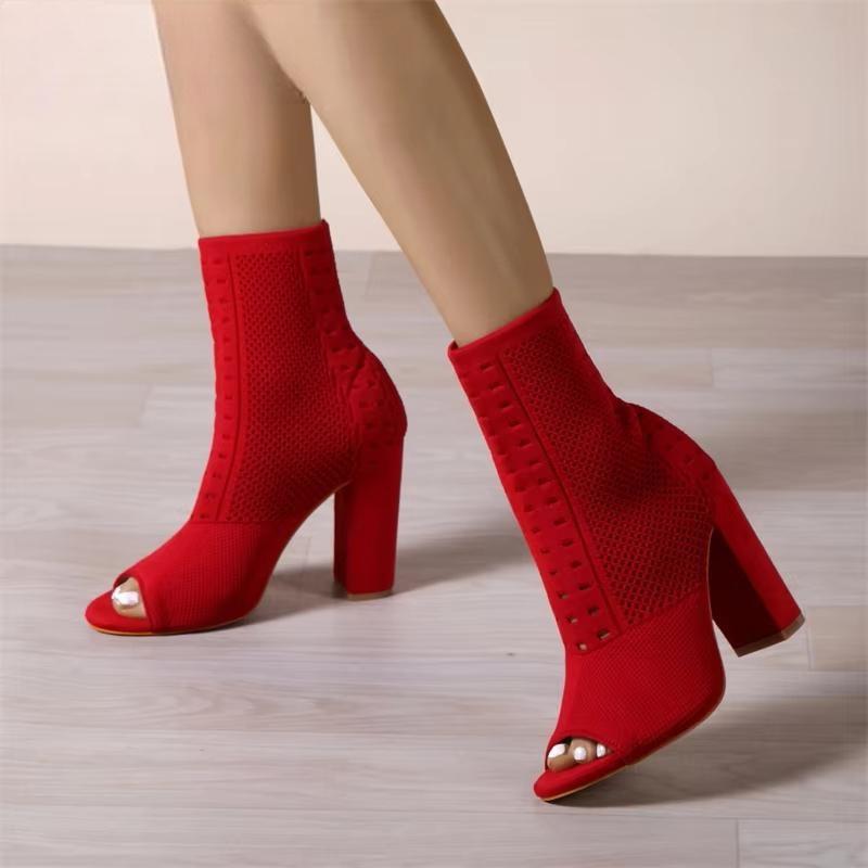 Spring Autumn Fashion Peep Toe  Knitted Stretch Fabric Socks Boots Women Square High Heels