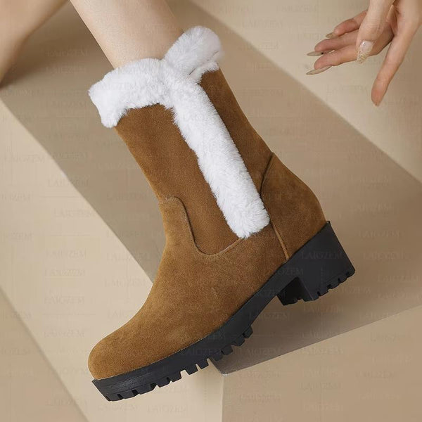 Women Ankle Boots Faux Suede Round Toe 4CM Thick High Heels Winter Short Boots