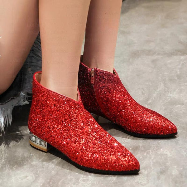 Glitter 2.5CM Pointed Toe Square Heels Side Zip Up Short Booties Ladies Shoes