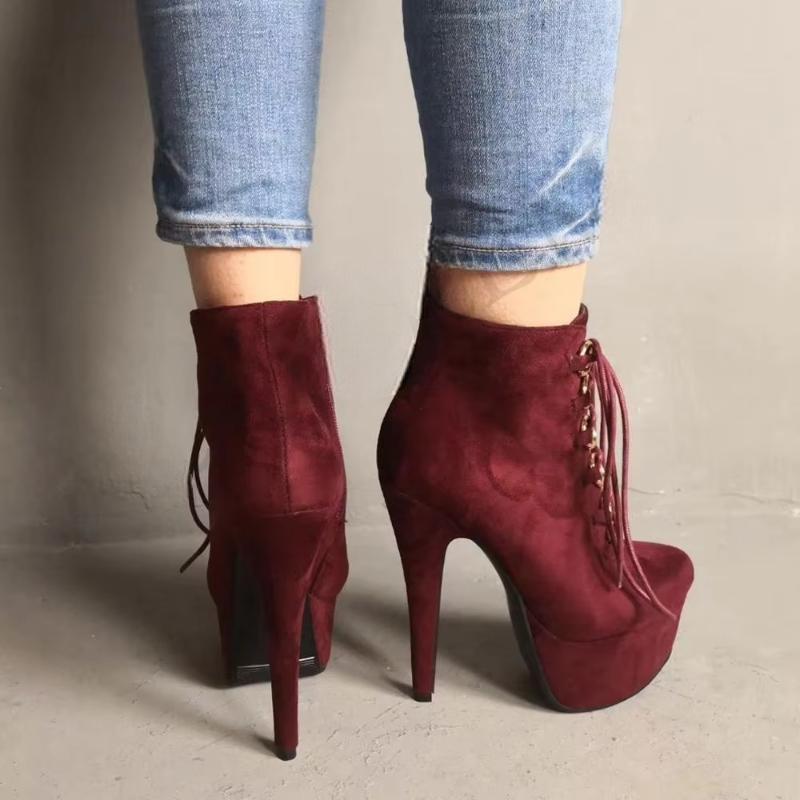 Faux Suede Platform High Heel Zipper Boots Wine Red Black Ladies Botines