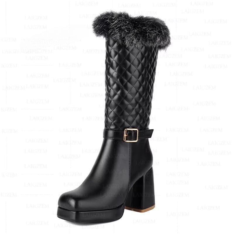 Calf Boots Platform Side Zip Up 9CM Chunky Thick High Heels Boots Handmade Ladies Shoes