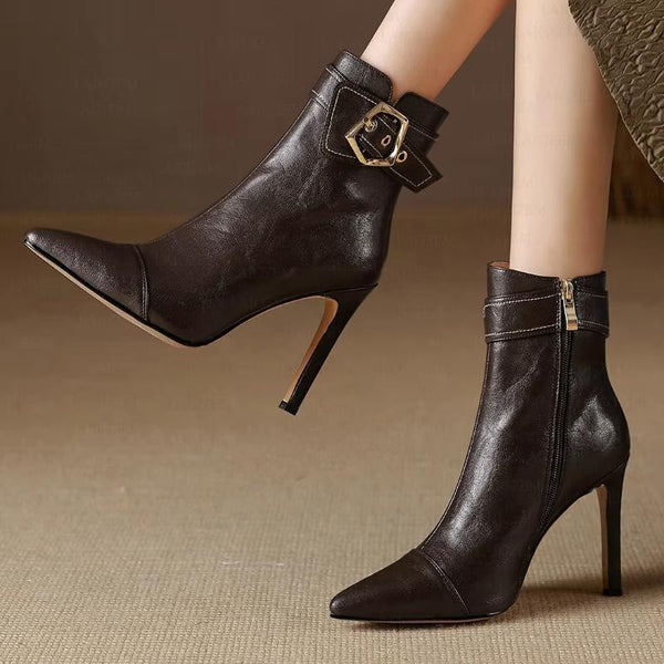 Real Leather Side Zip Pointed Toe Thin High Heels Short Boots Zip Up Ladies Shoes