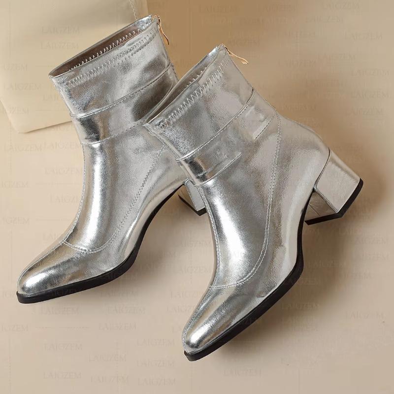 Back Zip Up Pointed Toe 5CM Thick High Heels Short Boots Handmade Shoes