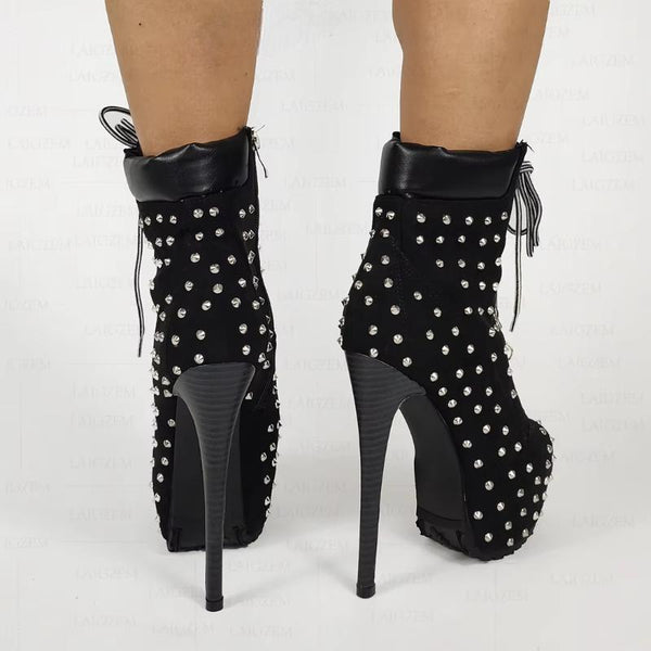 Studded Platform Boots Faux Suede Stiletto High Heels Lace Up Short Boots