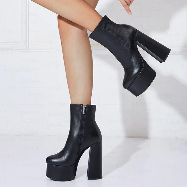 Top Quality Women Ankle Boots REAL LEATHER Platform Round Toe Zip Up Chunky High Heels