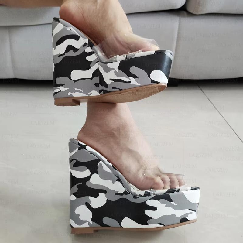 Women Sandals Peep Toe Platform Clear PVC Pumps Camouflage Summer Height Increase Shoes