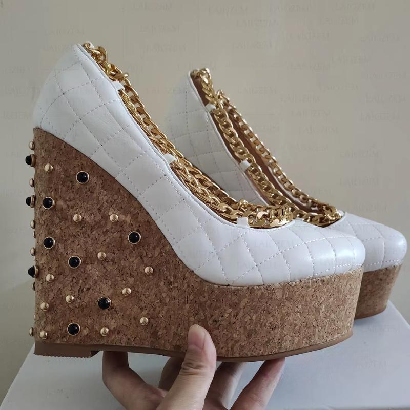 Women Pumps Platform Wedge Studded Metal Chains Sandals Party Cospaly Ladies Shoes