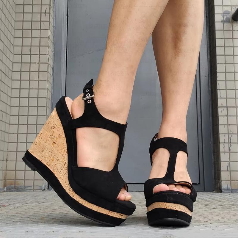 Women Pumps Platform Wedges Faux Suede Patchwork Ankle Straps Sandals