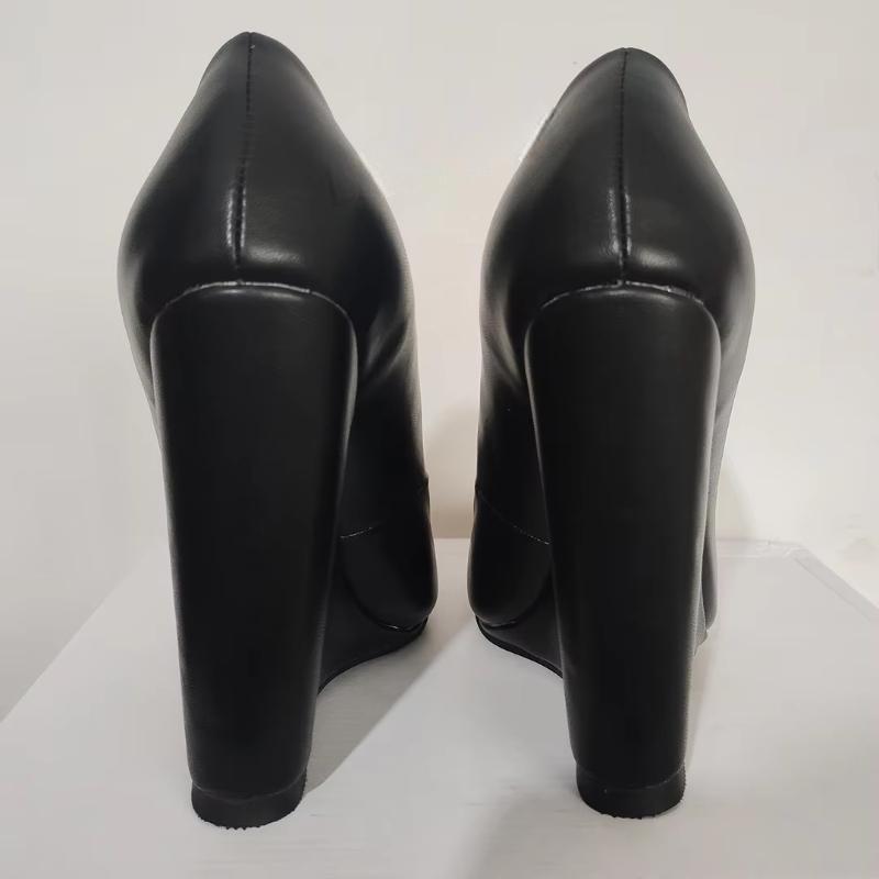 Women Wedges Pumps Pointy Toe Slip On Faux Leather Black Sandals Ladies Dress Shoes