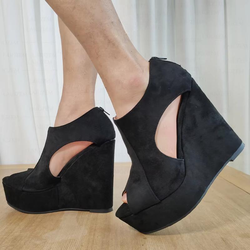 Women Platform Wedges Sandals Faux Suede Open Toe Back Zip Up High Heels Pumps