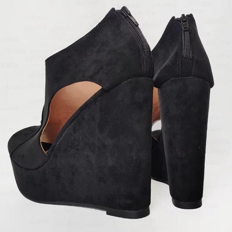 Women Pumps Platform Wedges Faux Suede Back Zip Black Sandals