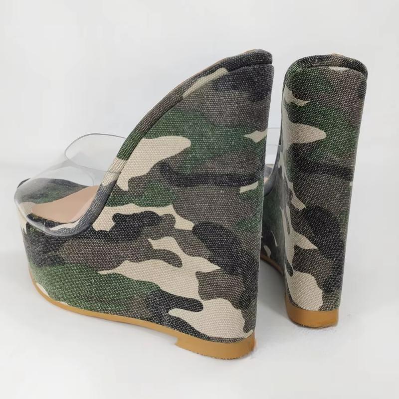 Women Platform Wedges Pumps Camouflage Clear Transparent PVC Sandals