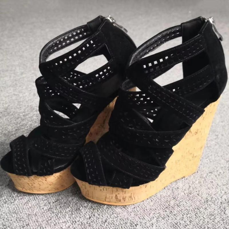 Women Sandals Platform Wedges Faux Suede Back Zip Up High Heels Pumps