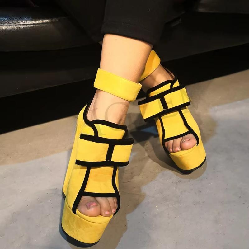 SUPER Women Sandals Faux Suede Platform Wedges Heels Sandals Yellow Shoes Woman