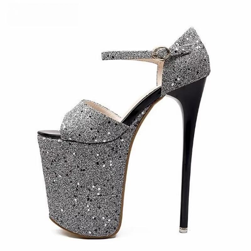 Stiletto Bling Sandals 20cm Thin high heels Sequins Nightclub show platform shoes woman